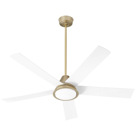 Oxygen Temple Ceiling Fan, 1-Light, 5-Blades, LED, Aged Brass, Matte White Shade, White Blades, 56"W (3-115 3-115-640